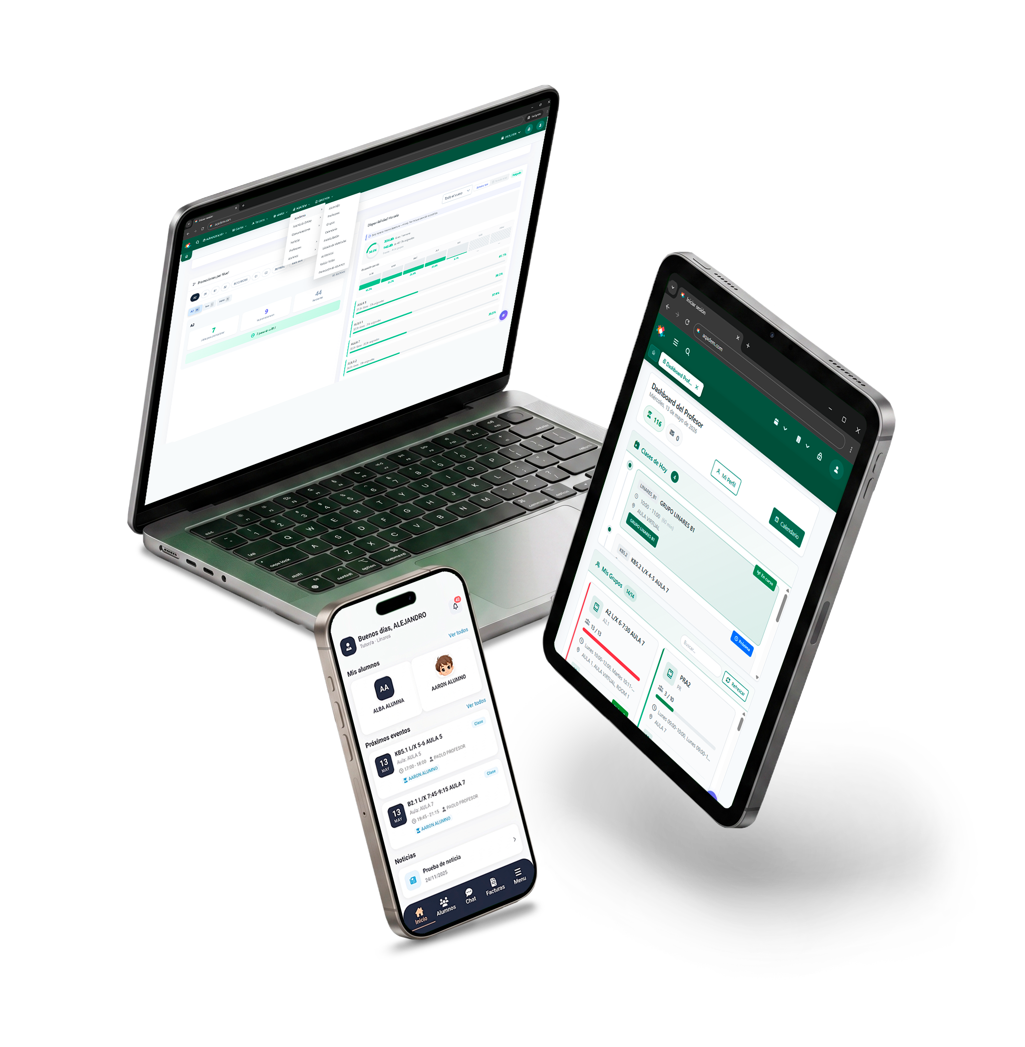 Aqadem en ordenador, tablet y móvil: el dashboard de gestión y la app de familias